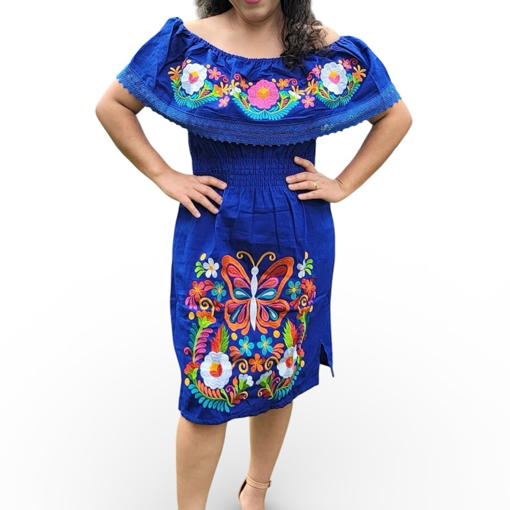 Mexican Off-Shoulder Blue Dress with Floral Embroidery